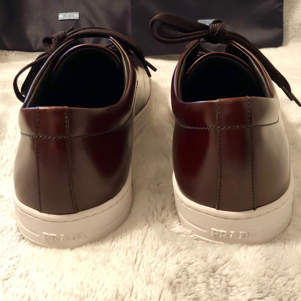 Prada Luxury Brown Leather Sneakers Contrast Sole - Picture 5 of 8